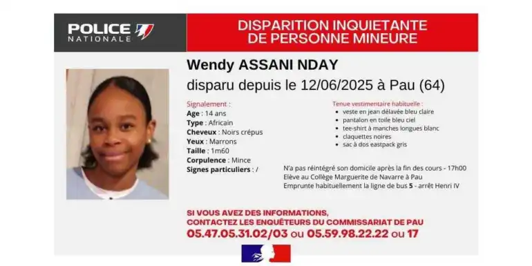 Disparition inquiÃ©tante Ã  Pau : Wendy, 14 ans, recherchÃ©e activement